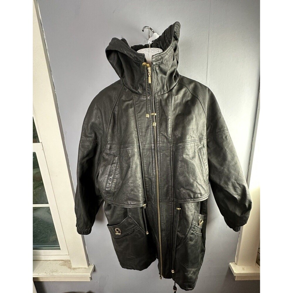 Vintage Adrian Jordan Womens Black Leather Coat, No Size, See Measurements